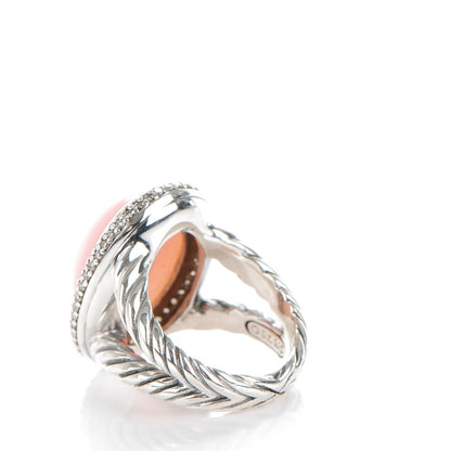 David Yurman Sterling Silver Pink Agate Diamond Signature Oval Ring 6 3 of 4