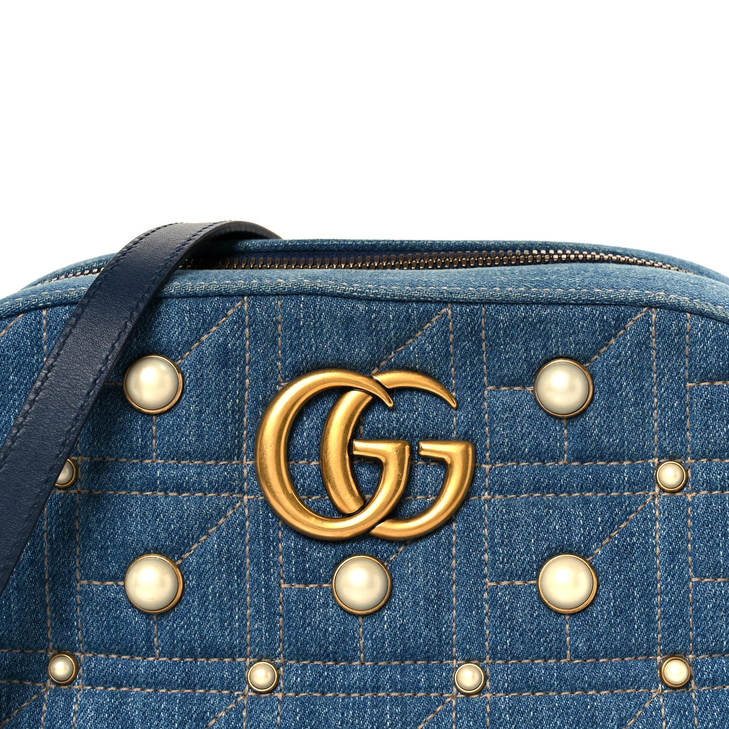 Gucci Denim Matelasse Pearl Studded Small GG Marmont Chain Shoulder Bag Blue 9 of 11
