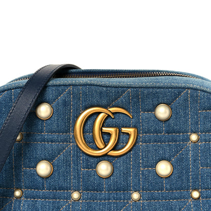Gucci Denim Matelasse Pearl Studded Small GG Marmont Chain Shoulder Bag Blue 9 of 11