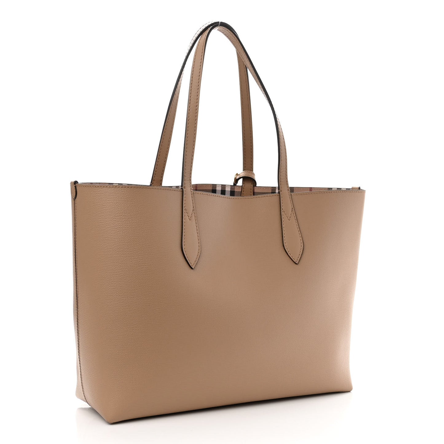 Grainy Calfskin Haymarket Check Medium Reversible Tote Camel