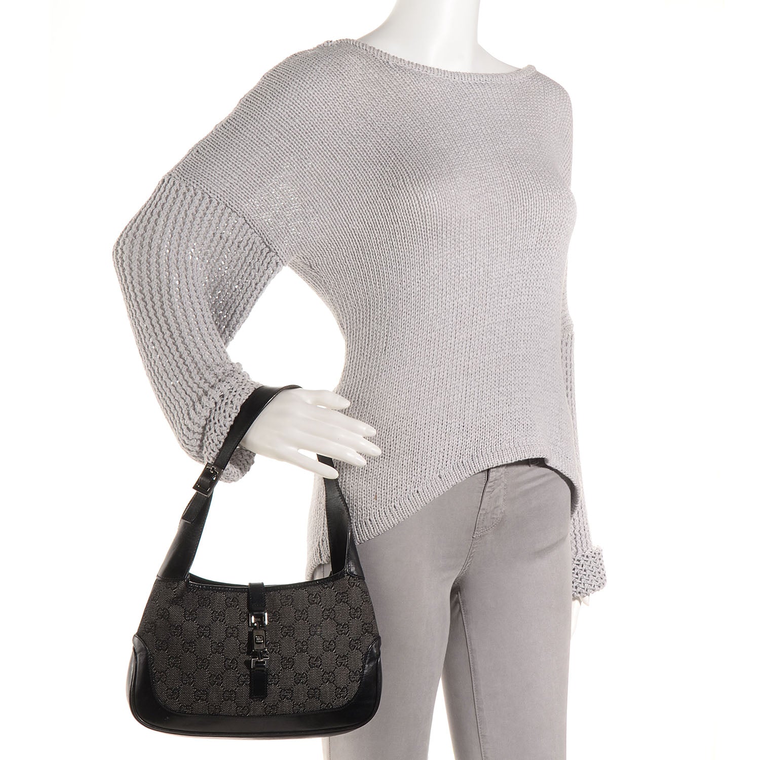 Gucci Denim Monogram Small Jackie O Hobo Black 2 of 7