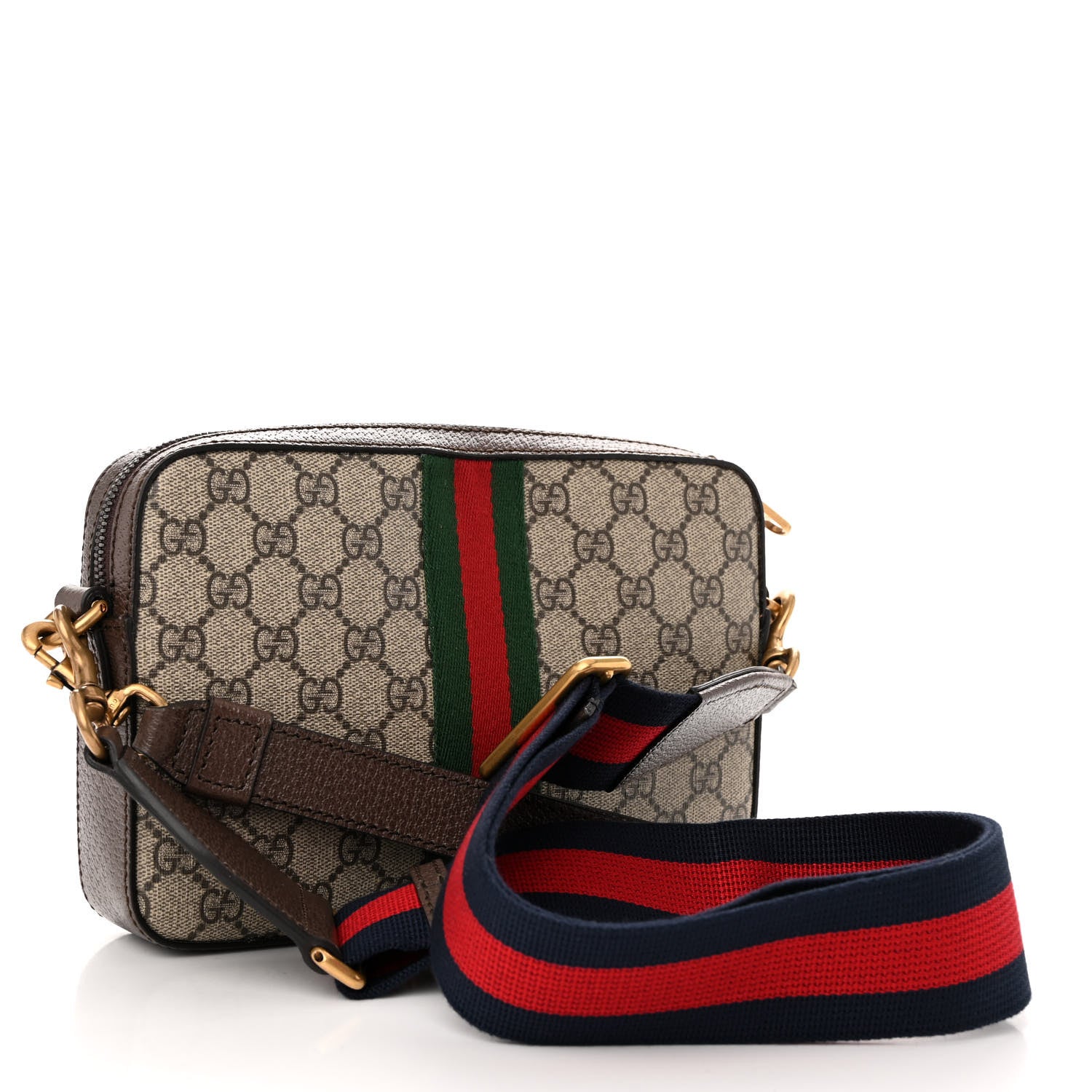 Gucci GG Supreme Monogram Textured Dollar Calfskin Web Ophidia Wristlet Shoulder Bag Beige Ebony New Acero 3 of 9