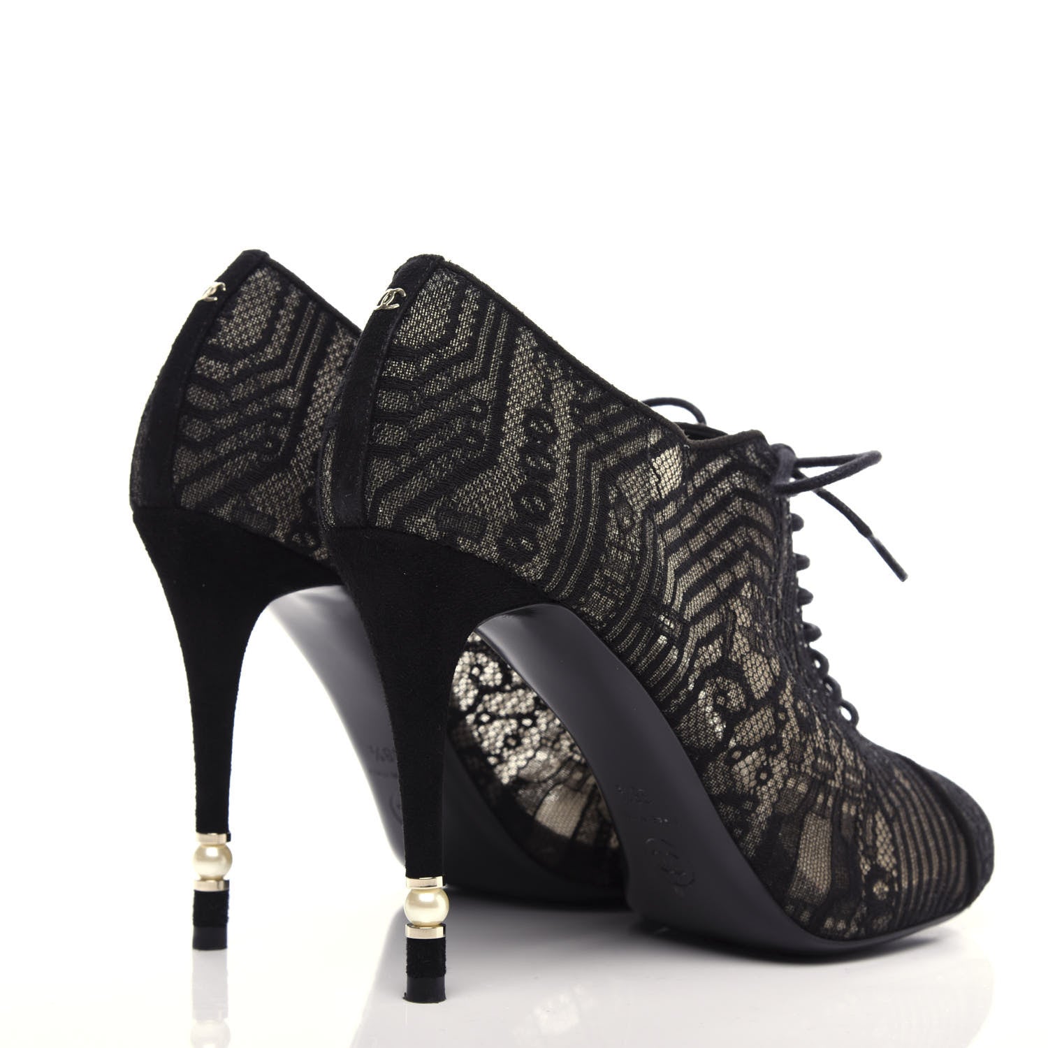 Chanel Lace Mesh Kid Suede Pearl Lace Up Booties 38.5 Black 4 of 11
