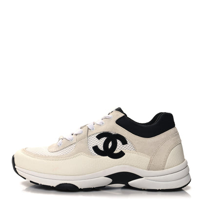 Chanel Mesh Suede Calfskin Grained Calfskin Womens CC Sneakers 39.5 White Black 1 of 9