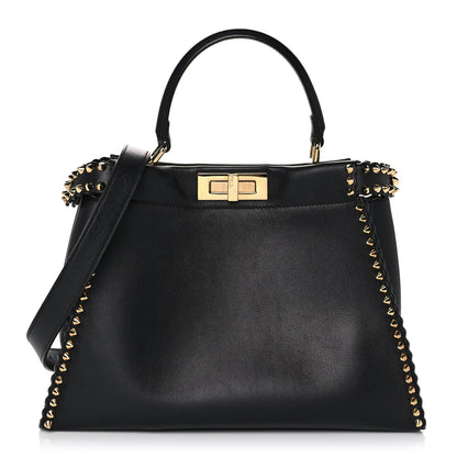 Fendi Vitello Seta Shiny Nappa Scalloped Studded Medium Peekaboo Iconic Satchel Black 1 of 11