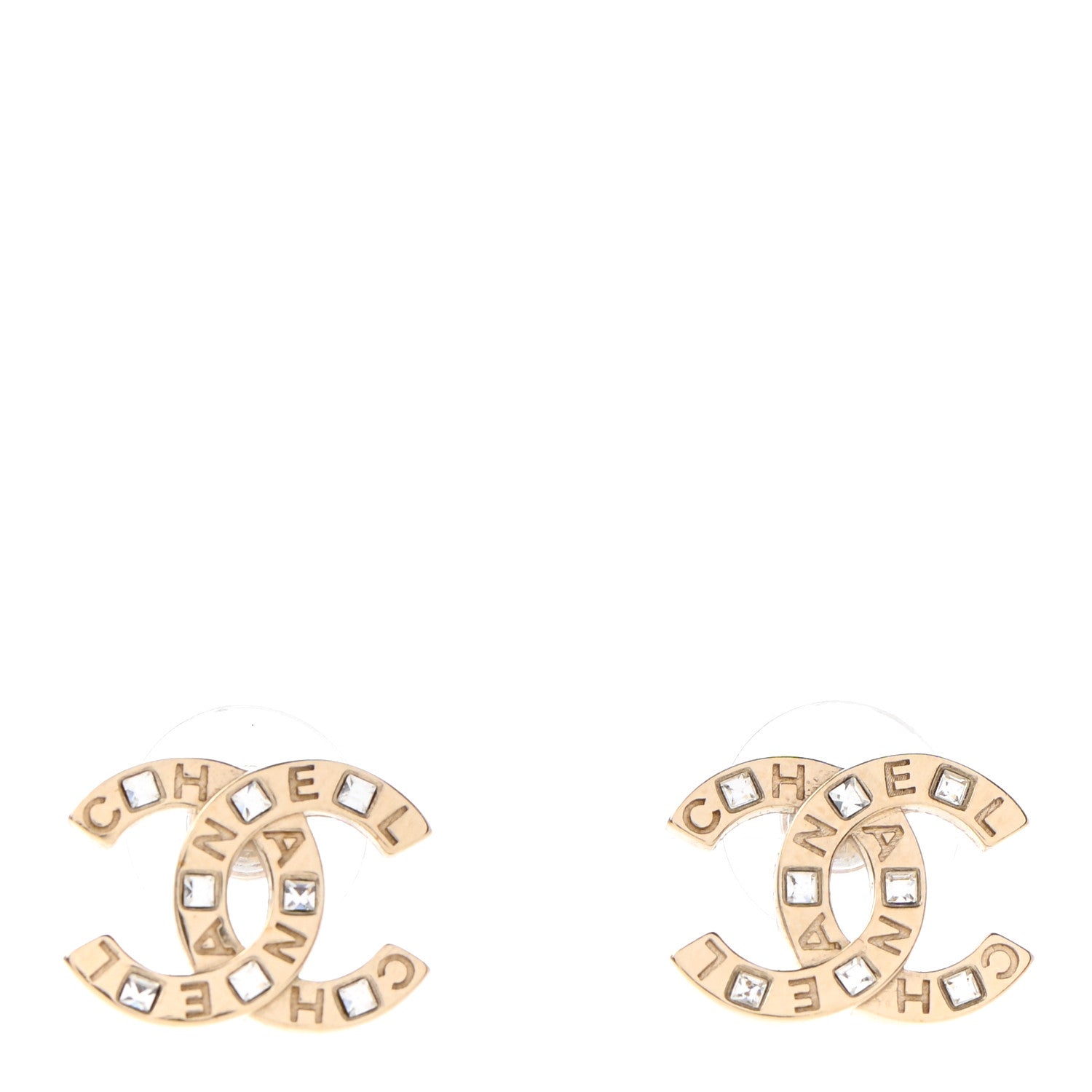 Chanel Crystal Metal CC Paris Button Stud Earrings Gold 1 of 4