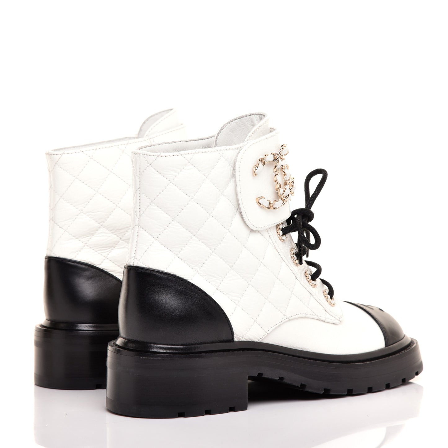 Shiny Goatskin Calfskin Quilted Lace Up Combat Boots 37 Black White