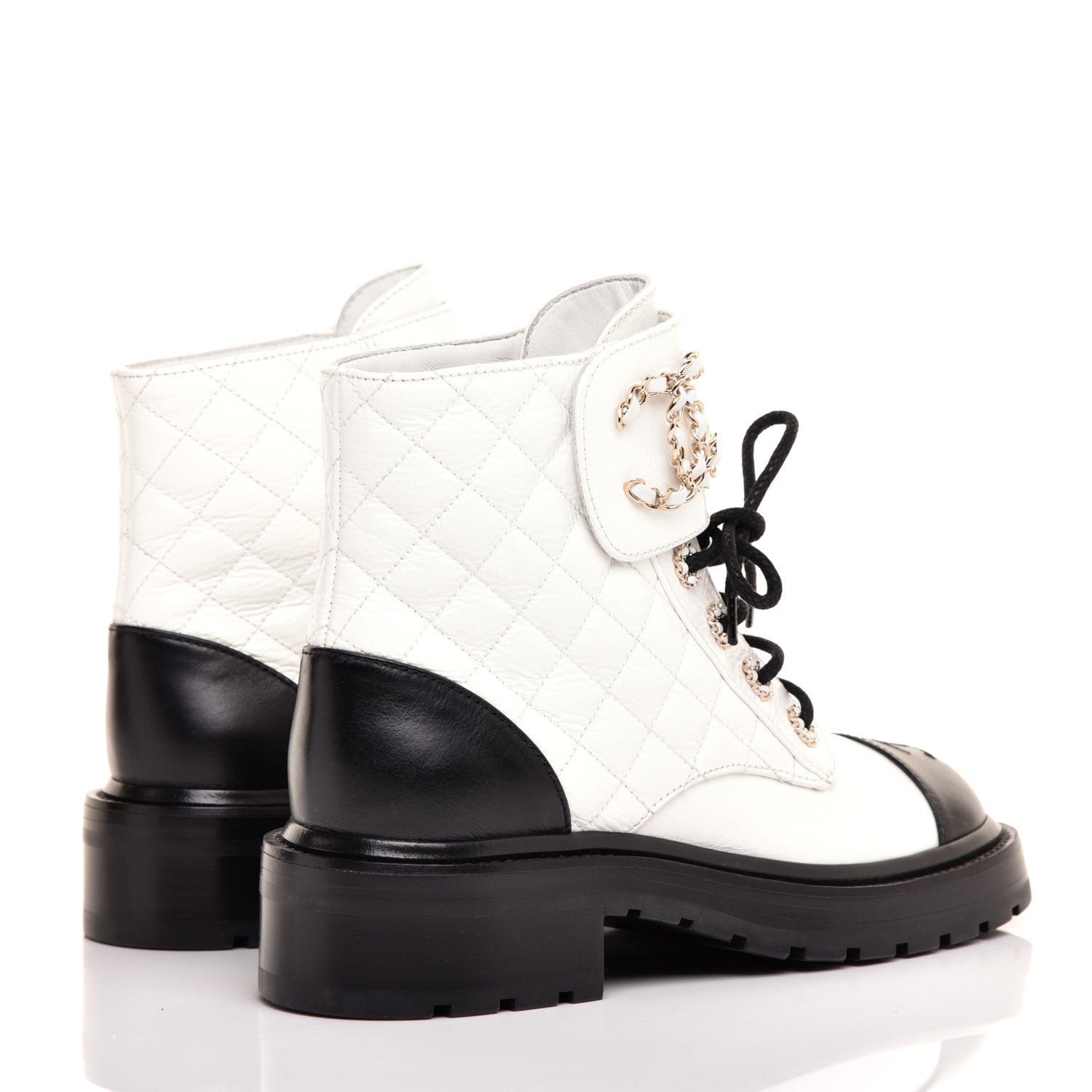Chanel Shiny Goatskin Calfskin Quilted Lace Up Combat Boots 37 Black White 4 of 9
