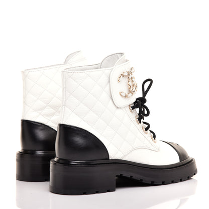 Chanel Shiny Goatskin Calfskin Quilted Lace Up Combat Boots 37 Black White 4 of 9