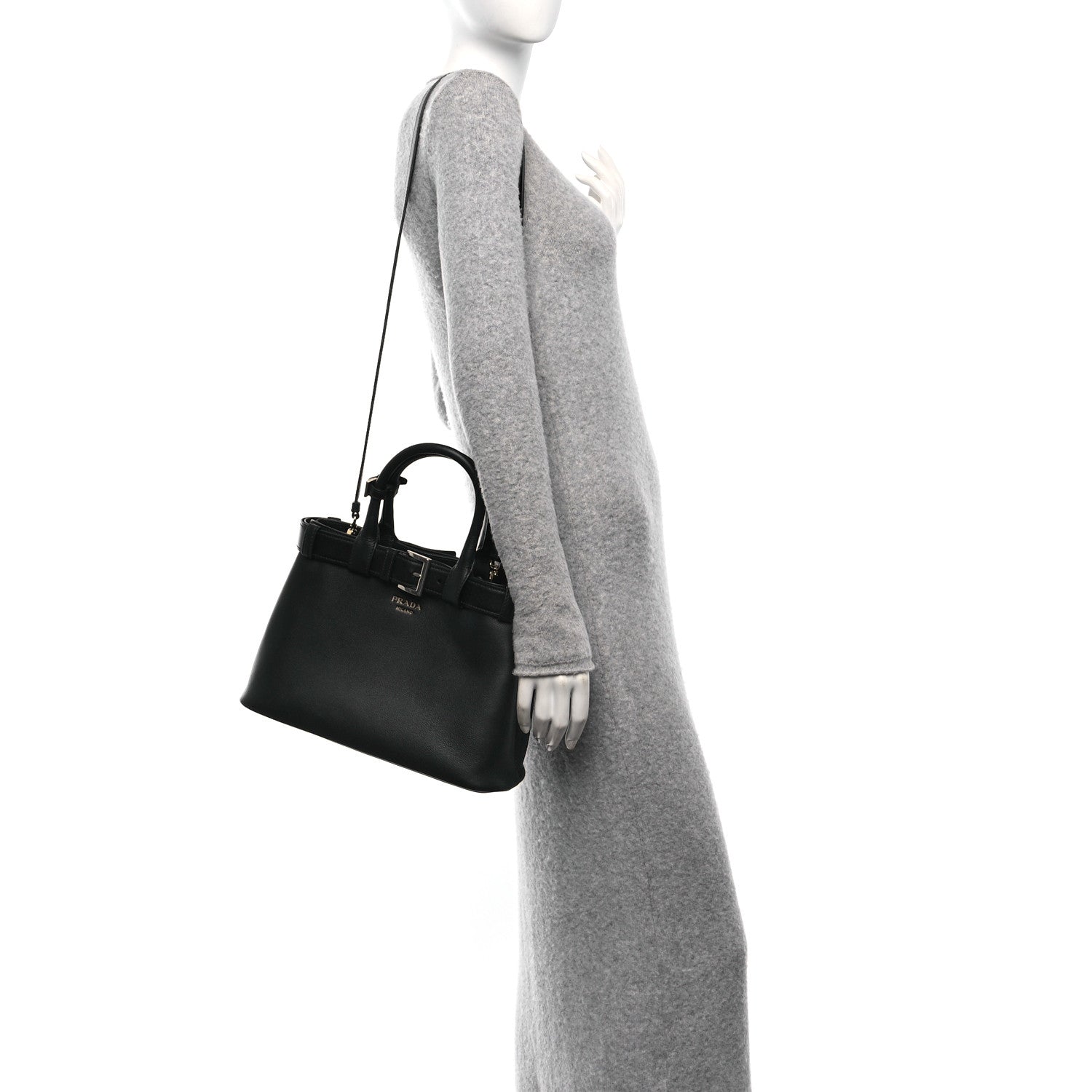 Prada Soft Grained Calfskin Vitello Daino Small Buckle Bag Black 3 of 13