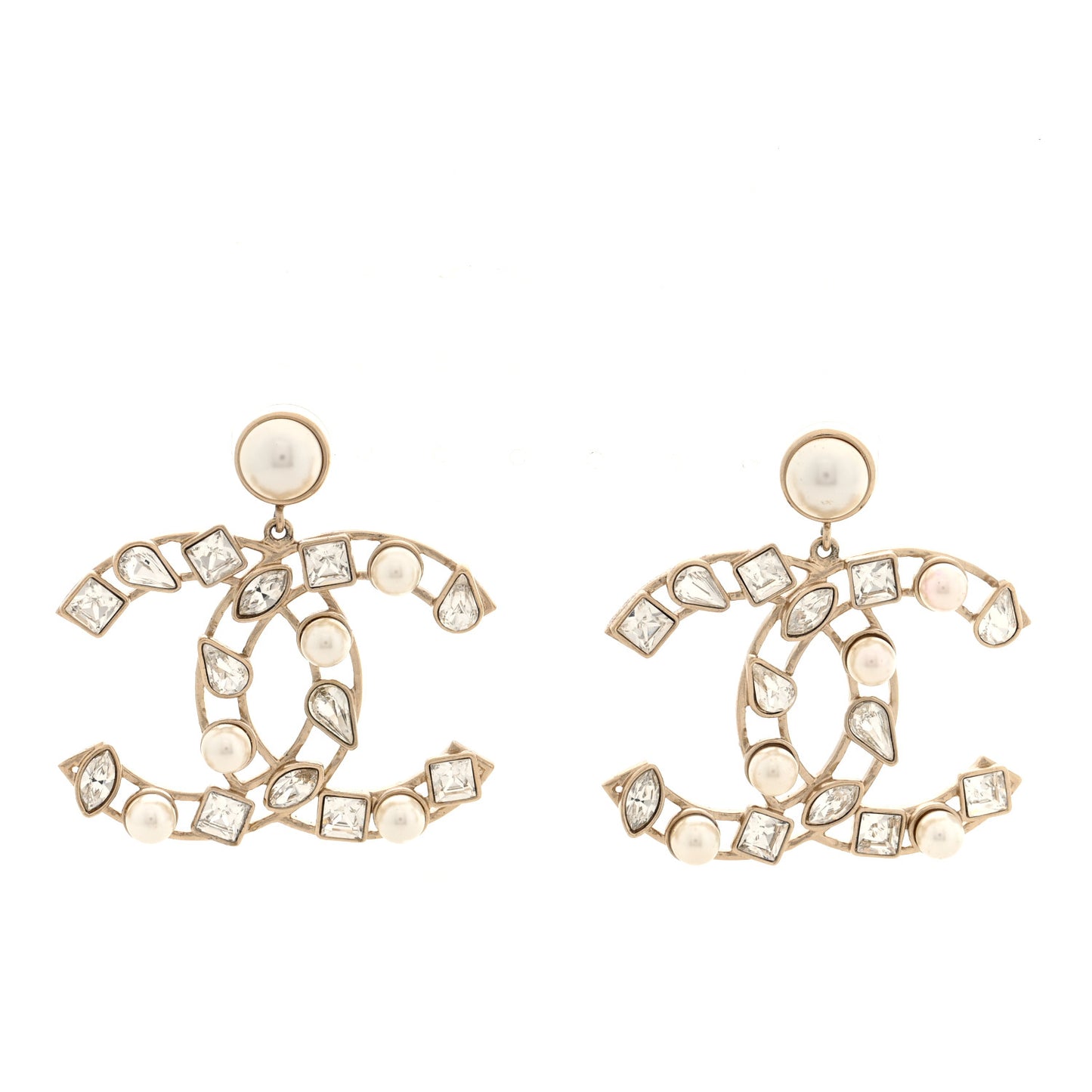 Metal Glass Pearl CC Crystal Snowfall CC Drop Earrings Light Gold