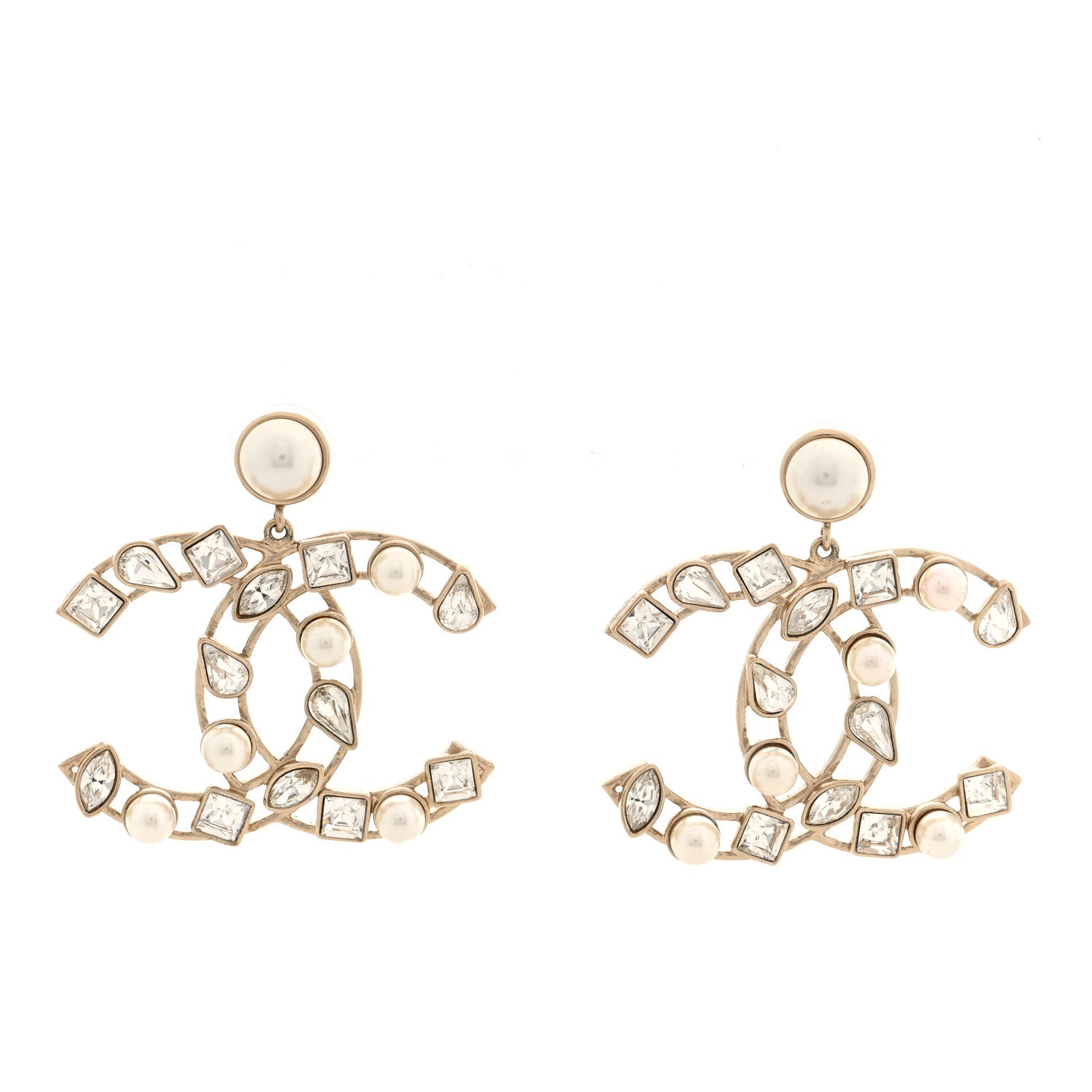 Chanel Metal Glass Pearl CC Crystal Snowfall CC Drop Earrings Light Gold 1 of 5