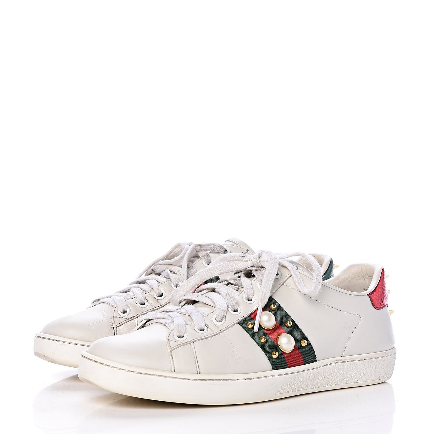 Calfskin Web Pearl Studded Womens Ace Sneakers 37.5 White