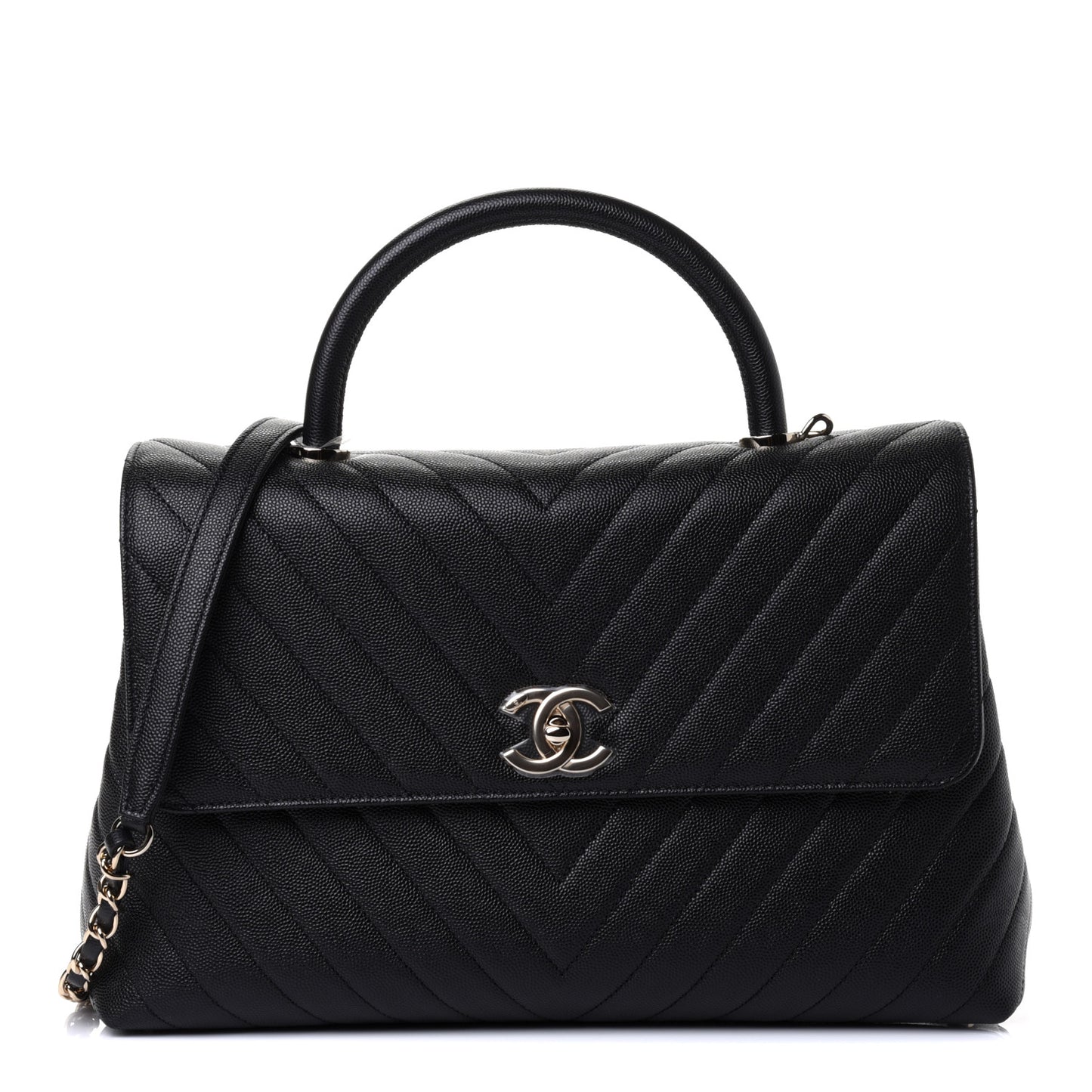 Caviar Chevron Quilted Medium Coco Handle Flap Black
