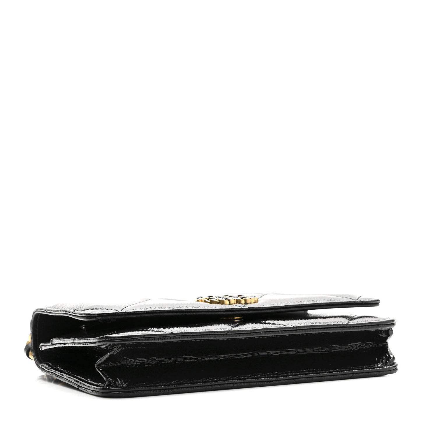Shiny Crumpled Calfskin Quilted Chanel 19 Wallet On Chain WOC Black
