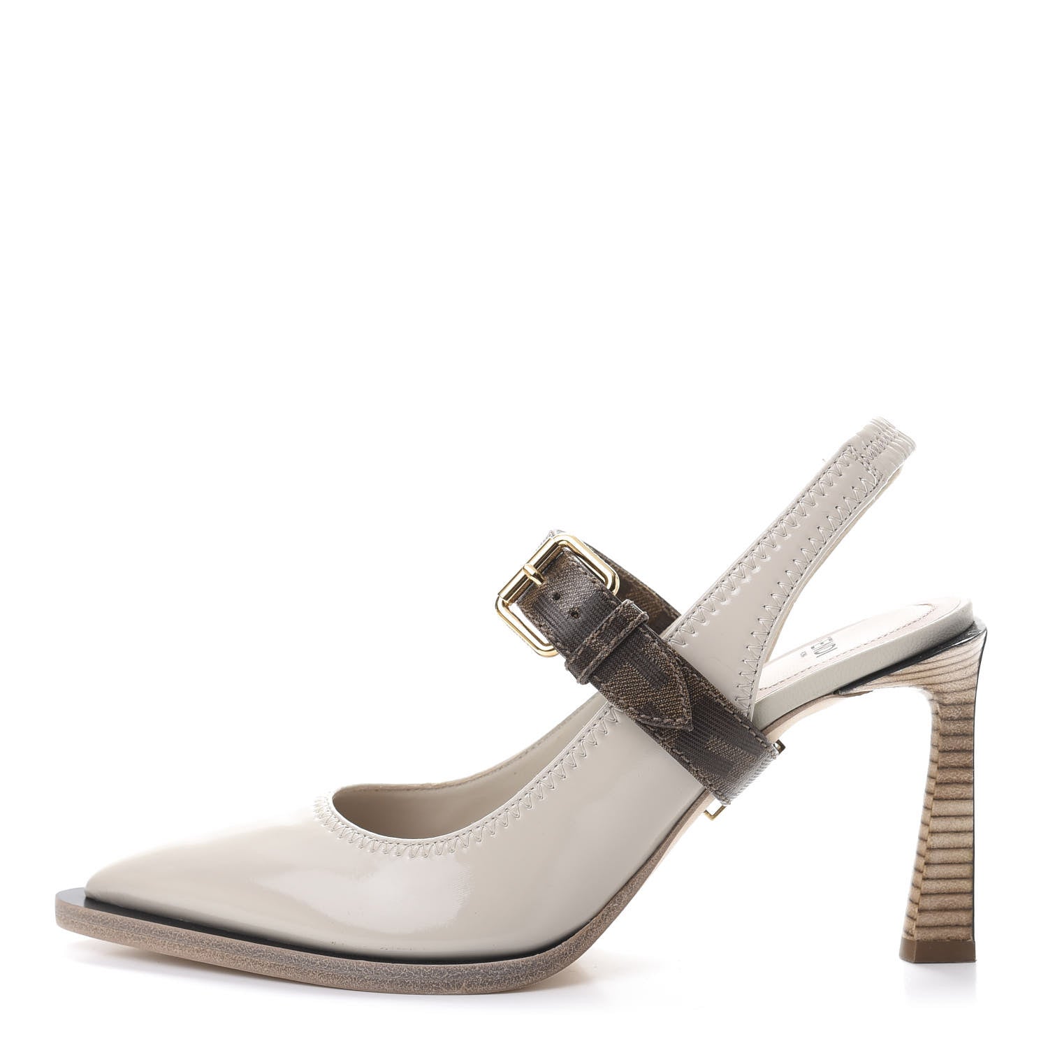 Fendi Glossy Neoprene Glazed Fabric FF FFrame Court Mary Jane Slingback Pumps 37 Pietra Tobacco Moro 1 of 9