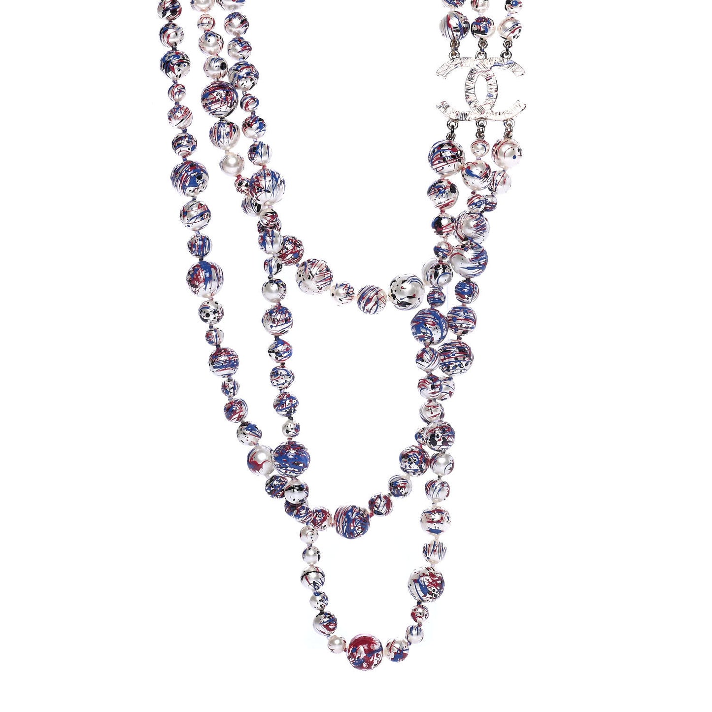 Painted Pearl CC Long Multi Strand Necklace Gold Black Red Blue