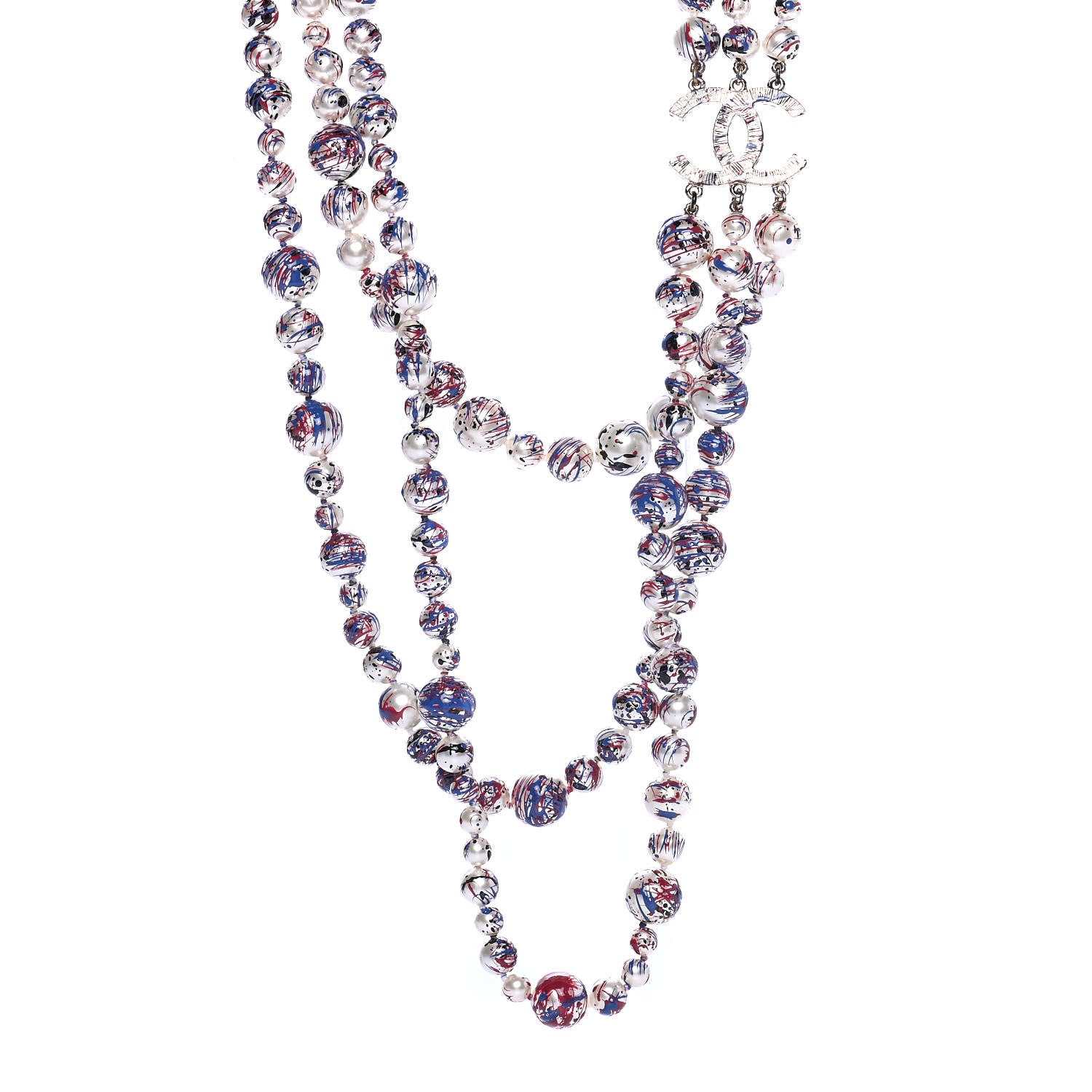 Chanel Painted Pearl CC Long Multi Strand Necklace Gold Black Red Blue 1 of 4