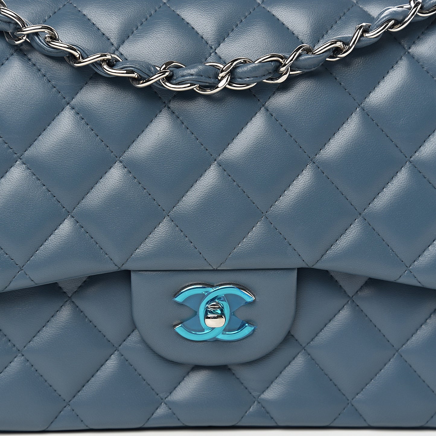 Lambskin Quilted Jumbo Double Flap Blue