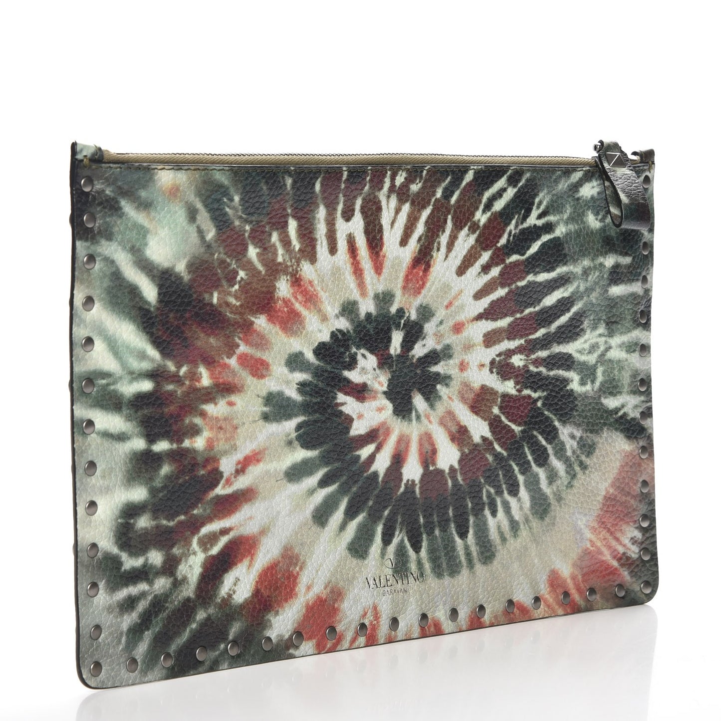 Pebbled Calfskin Tie Dye Large Rockstud Rolling Zip Pouch Deep Army Green