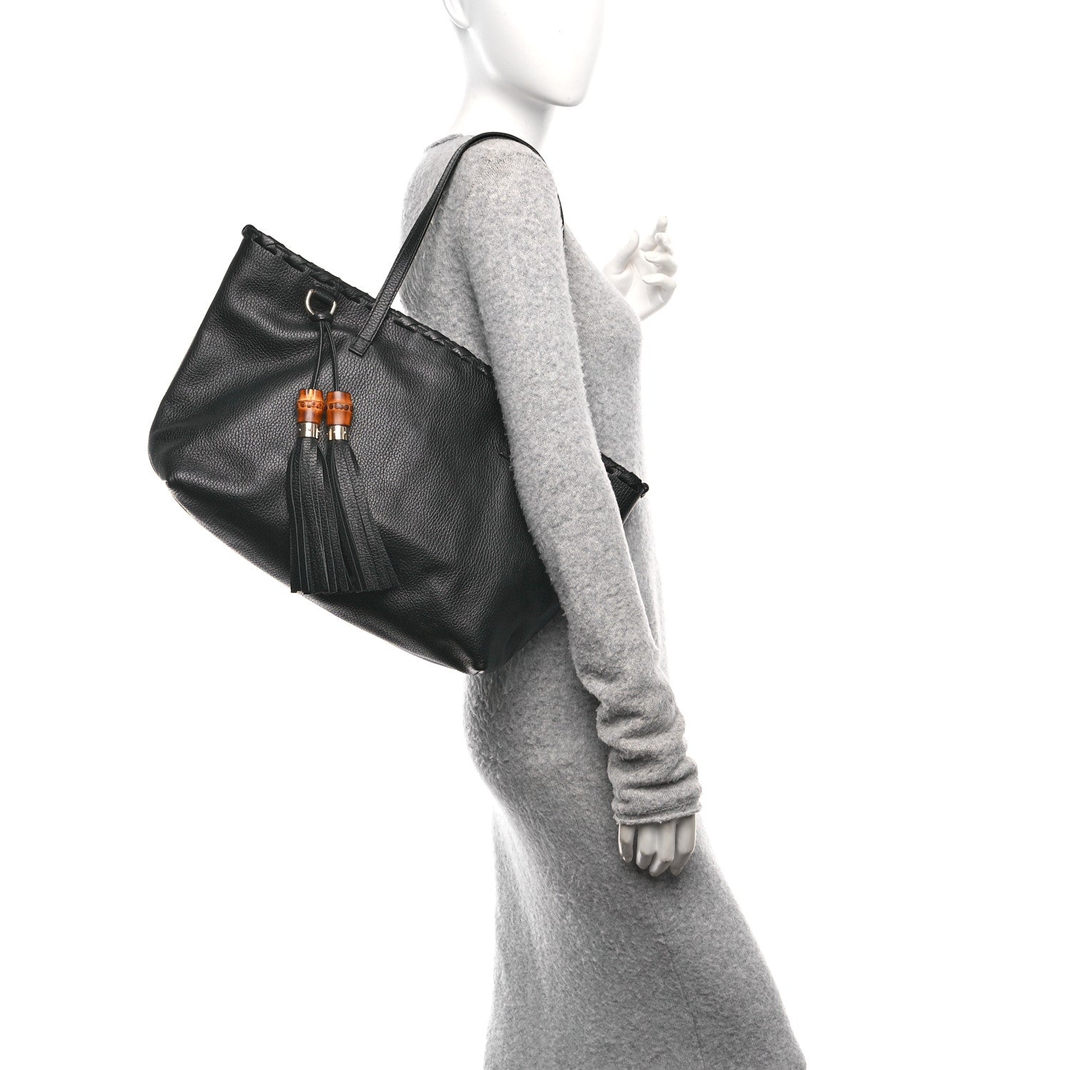 Gucci Pebbled Calfskin Bamboo Tassel Tote Black 2 of 10