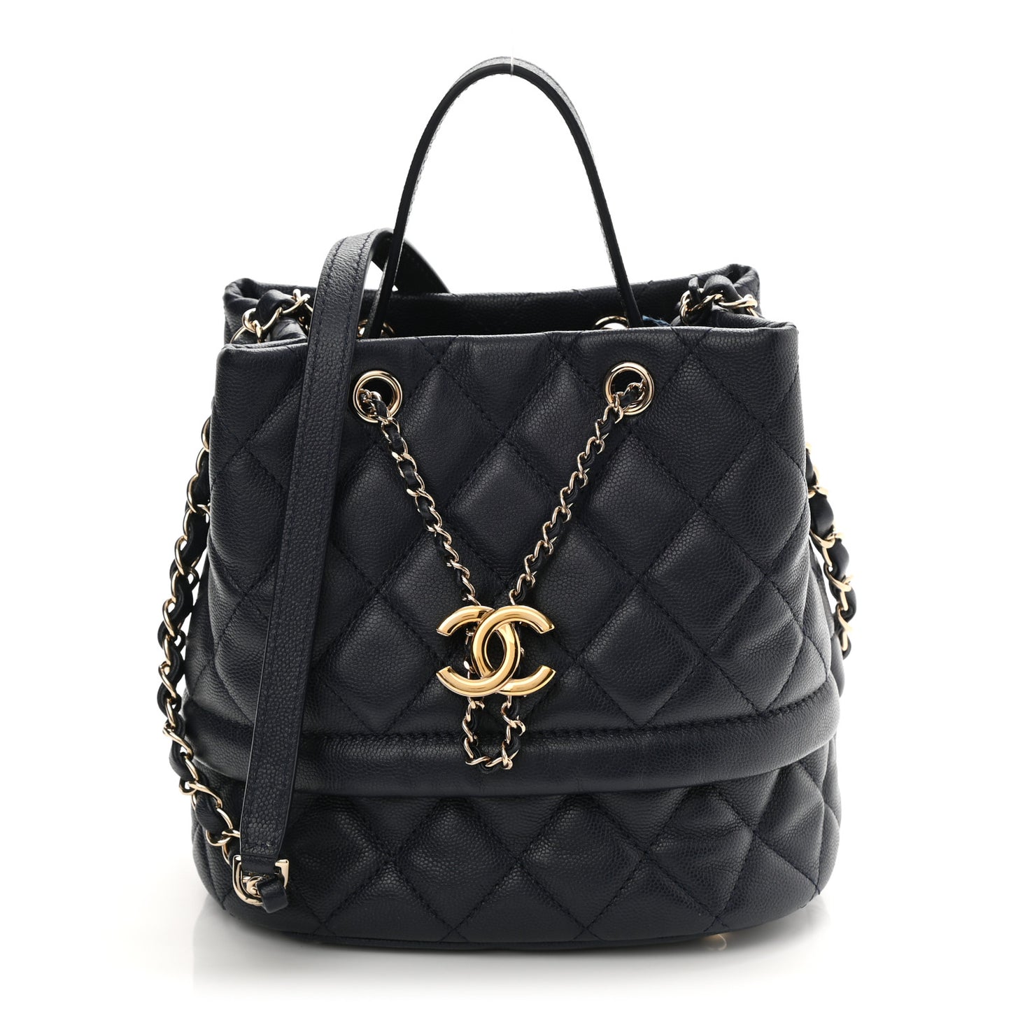 Caviar Quilted Rolled Up Bucket Drawstring Bag Navy