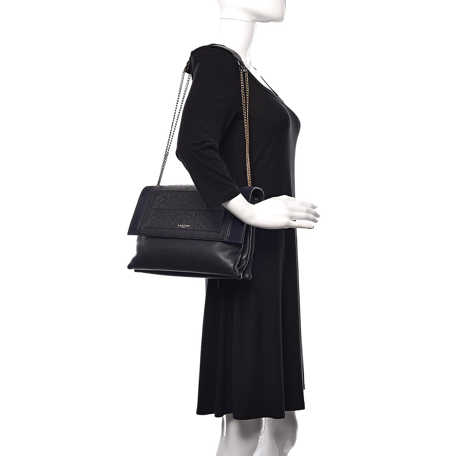 Lanvin Ostrich Calfskin Embossed Medium Sugar Flap Shoulder Bag Black Blue 2 of 14