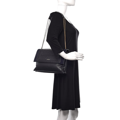 Lanvin Ostrich Calfskin Embossed Medium Sugar Flap Shoulder Bag Black Blue 2 of 14