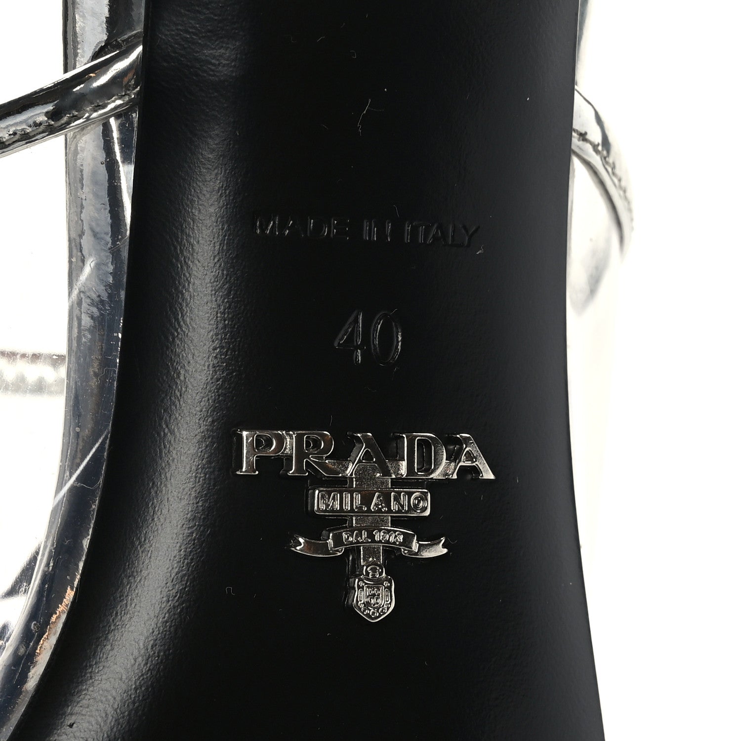 Prada Plexiglass Metallic Calfskin Metal Triangle Logo 75mm Slide Sandals 40 Argento 6 of 8