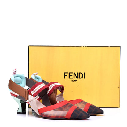 Fendi Technical Mesh FF Colibri 55mm Slingback Pumps 37 Tobacco Moro Cipria Papavero Camelia 10 of 11