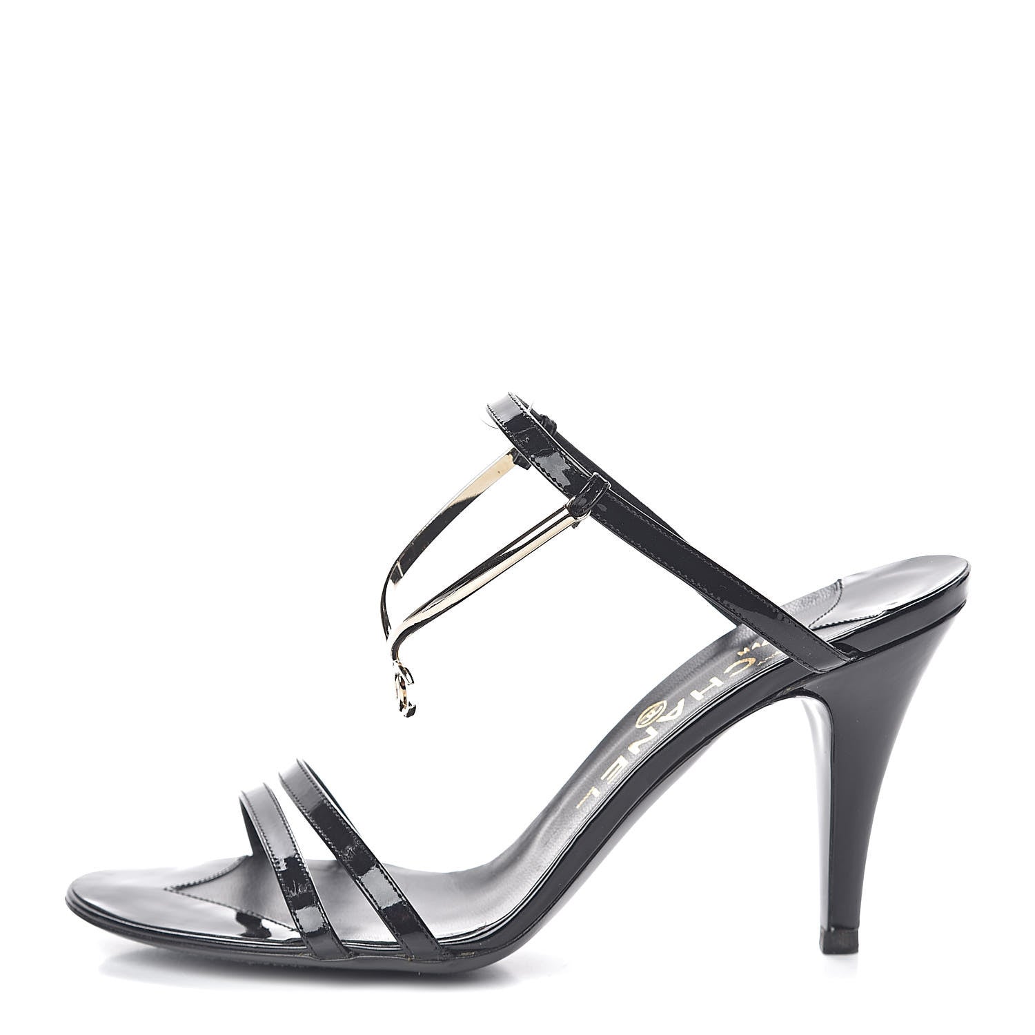 Chanel Patent CC Sandals 38 Black Gold 1 of 8