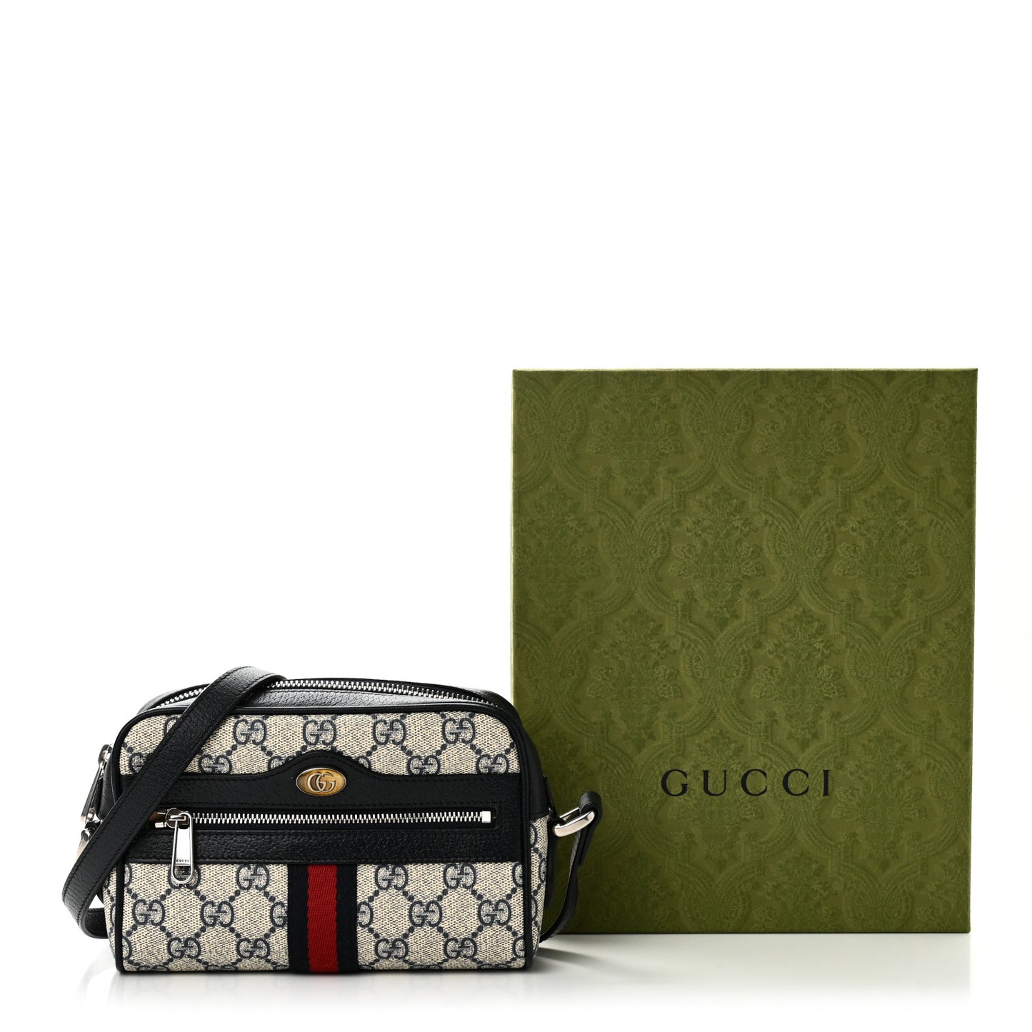 GG Supreme Monogram Textured Dollar Calfskin Web Mini Ophidia Shoulder Bag Beige Blue