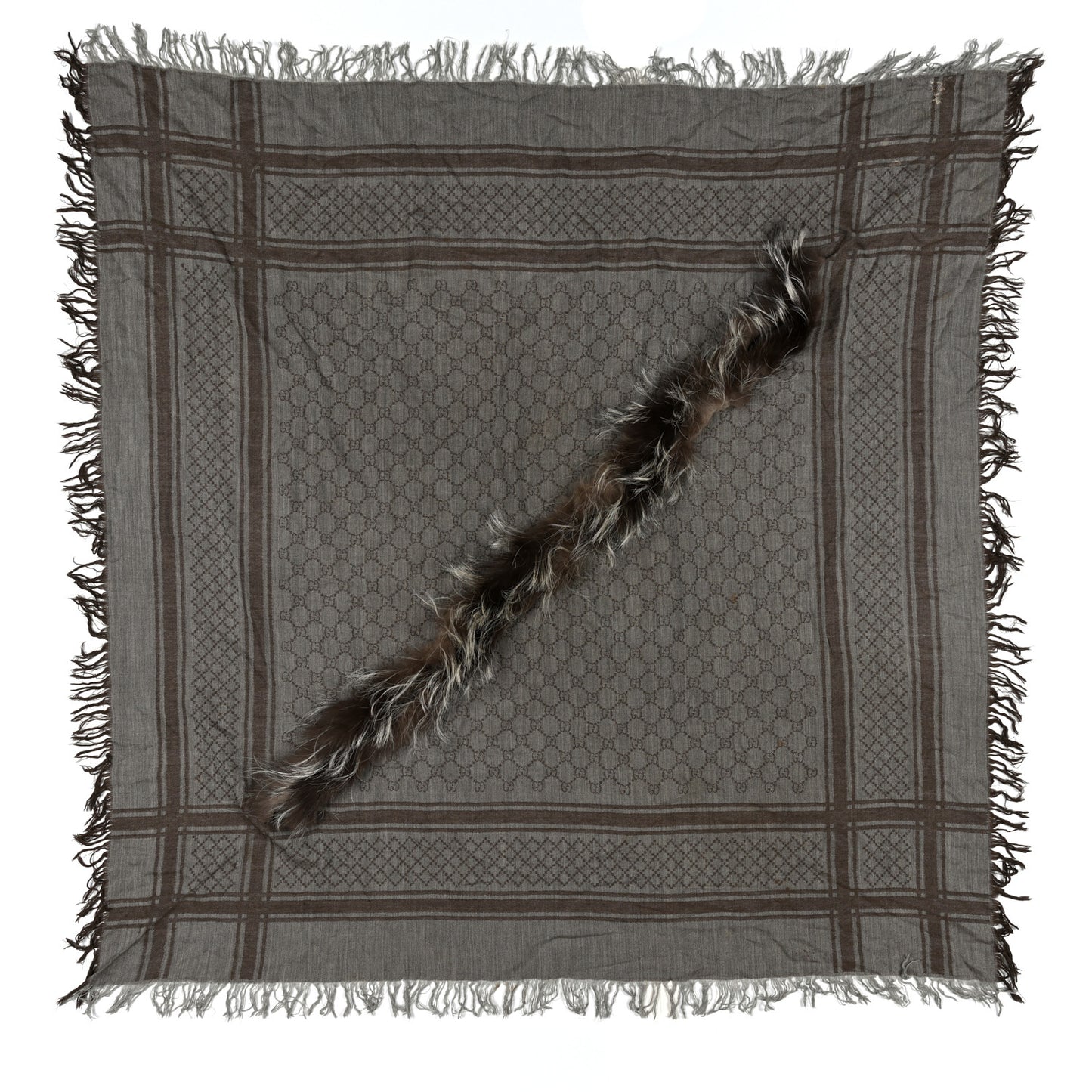 Wool Silk Fox Fur Monogram Shawl Scarf Brown