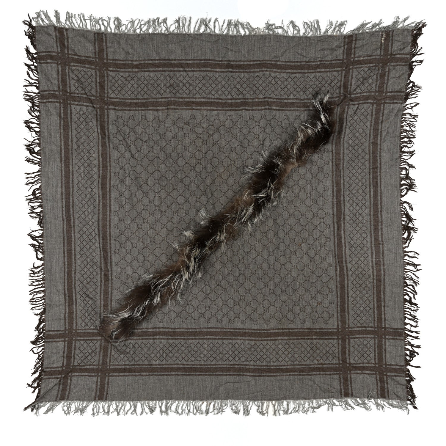 Gucci Wool Silk Fox Fur Monogram Shawl Scarf Brown 1 of 6