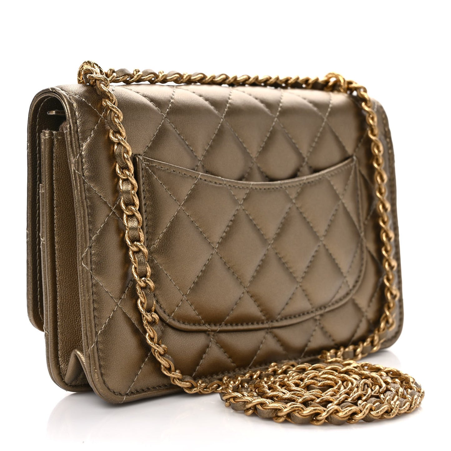 Metallic Lambskin Quilted CC Wallet On Chain WOC Gold