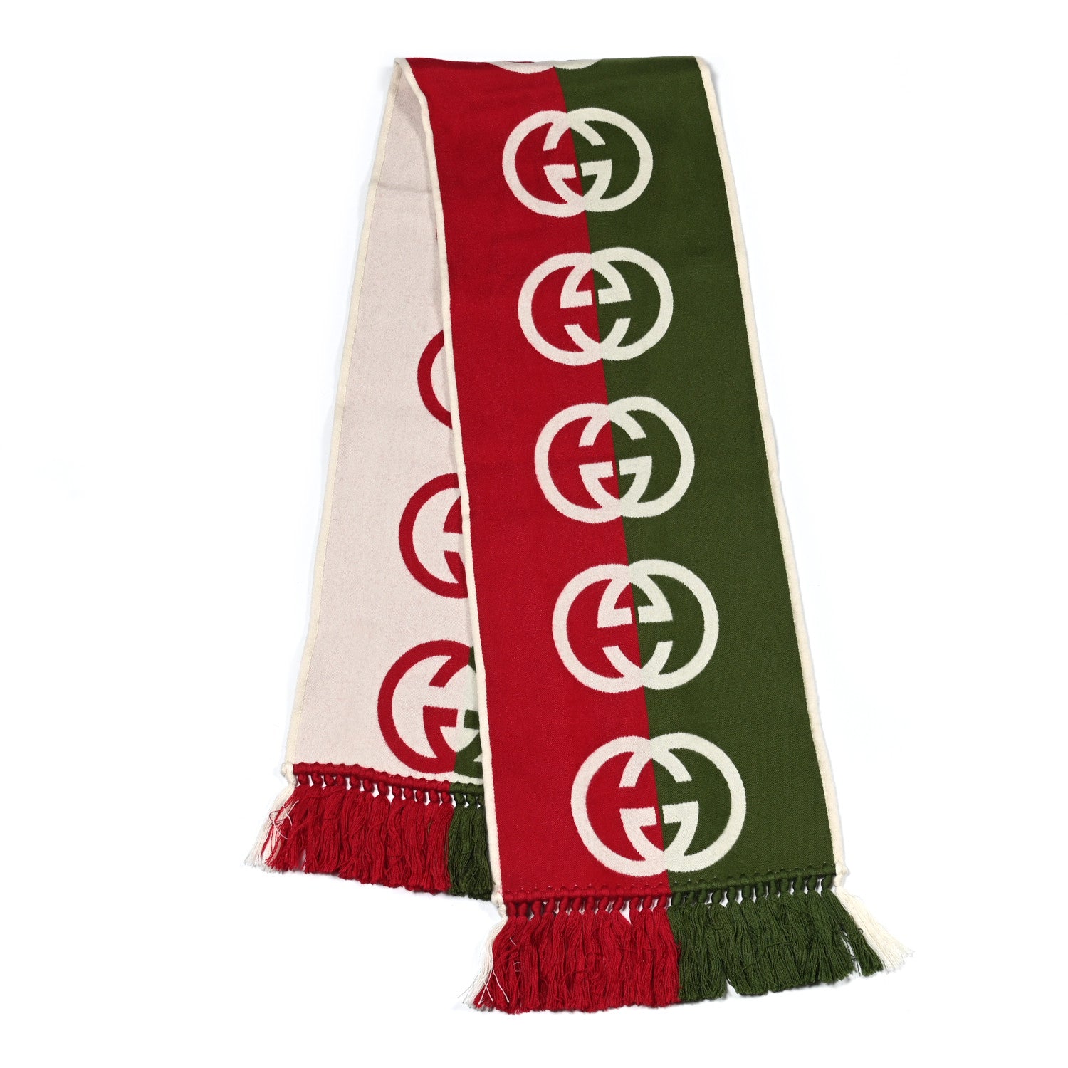 Gucci Wool Geyjerry Reversible Fringe Scarf Green Red 2 of 4