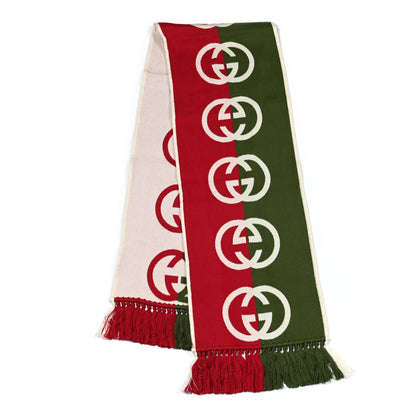 Gucci Wool Geyjerry Reversible Fringe Scarf Green Red 2 of 4