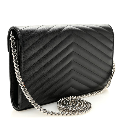 Saint Laurent Grain De Poudre Matelasse Chevron Monogram Chain Wallet Black 3 of 9