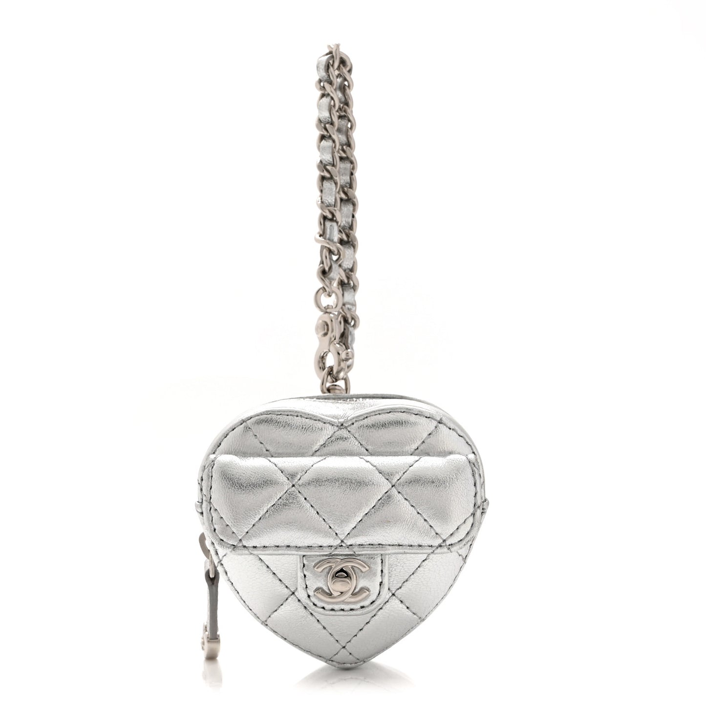 Metallic Lambskin Quilted CC Mini In Love Heart Bag Charm Silver