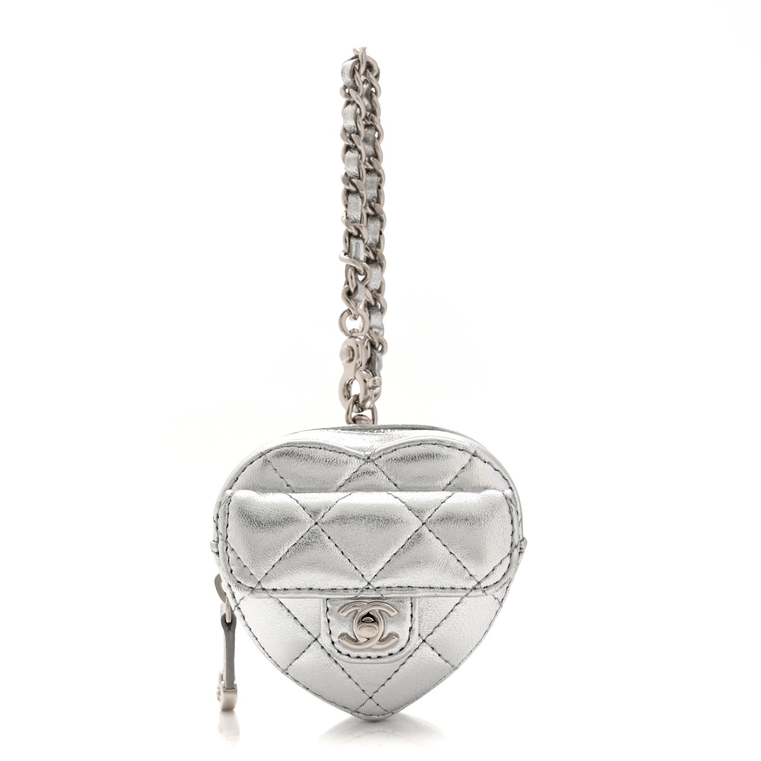 Chanel Metallic Lambskin Quilted CC Mini In Love Heart Bag Charm Silver 1 of 9