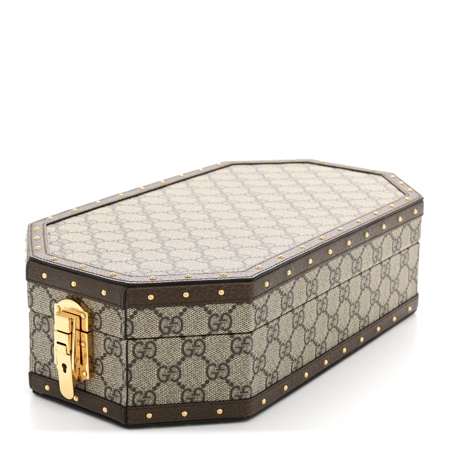 GG Supreme Monogram Textured Dollar Calfskin Studded Padlock Octogon Top Handle Pet Travel Bowl Set Case Beige Ebony New Acero