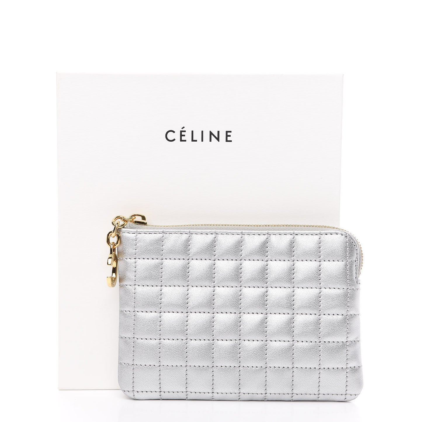 Laminated Calfskin Quilted C Charm Coin Card Pouch Silver