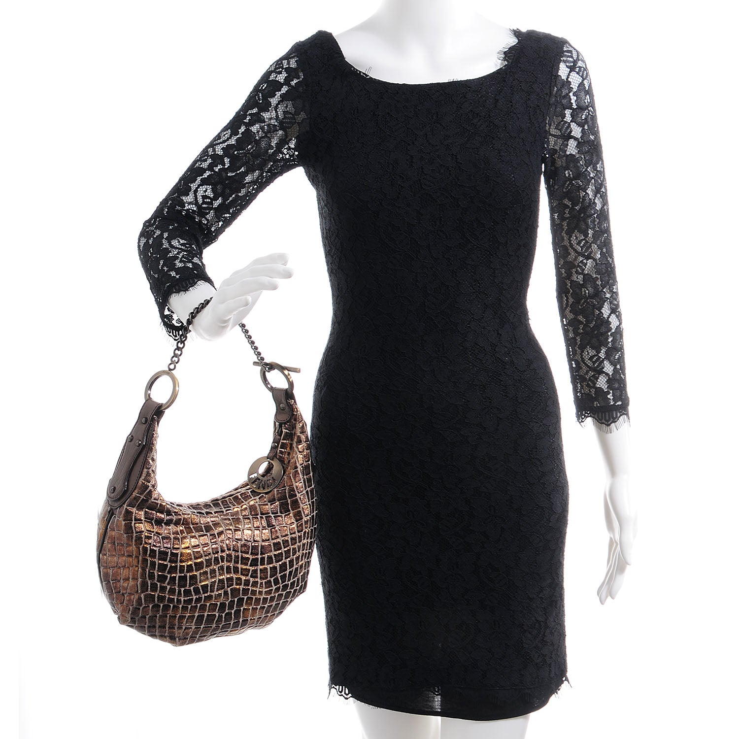 Fendi Metallic Canvas Croc Effect Chef Chain Hobo 2 of 10