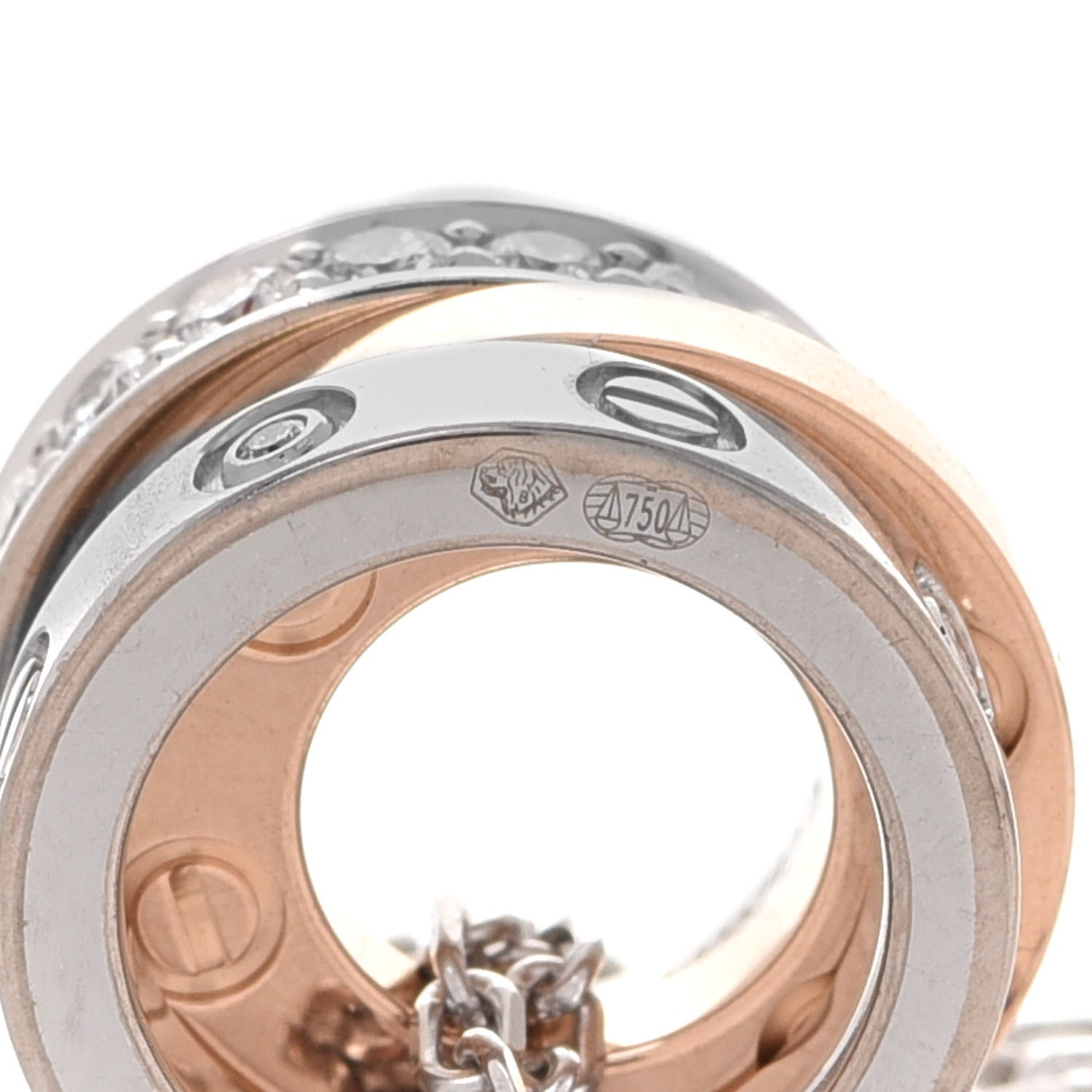 Cartier 18K White Pink Gold Diamond .29ctw Three Ring LOVE Pendant Necklace 7 of 9