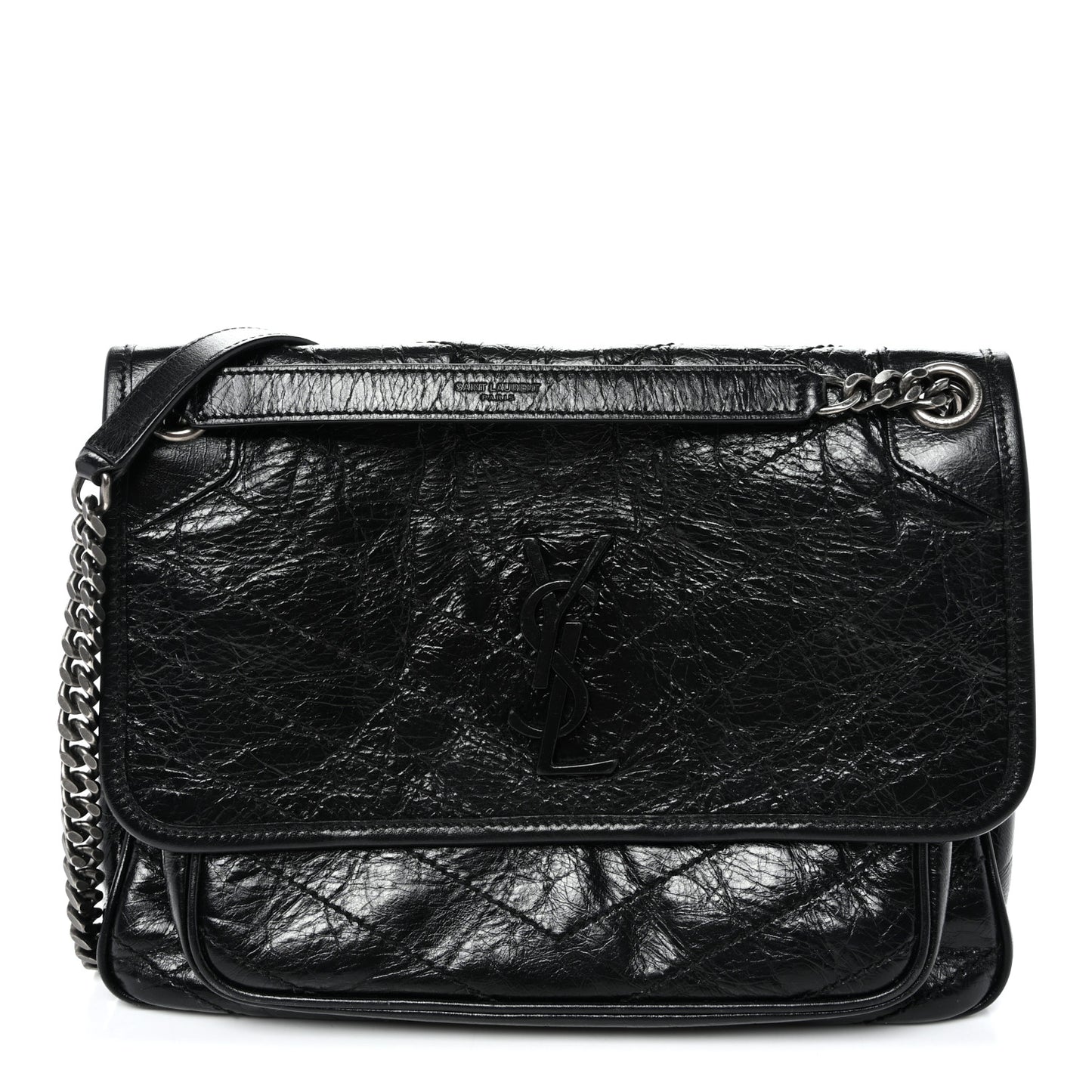 Crinkled Calfskin Matelasse Monogram Medium Niki Chain Satchel Black