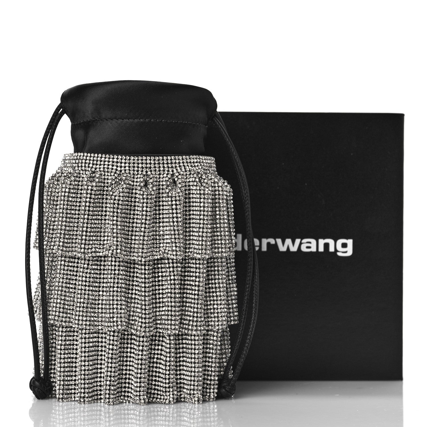 Alexander Wang Satin Mesh Crystal Rhinestone Drawstring Pouch White Black 9 of 9