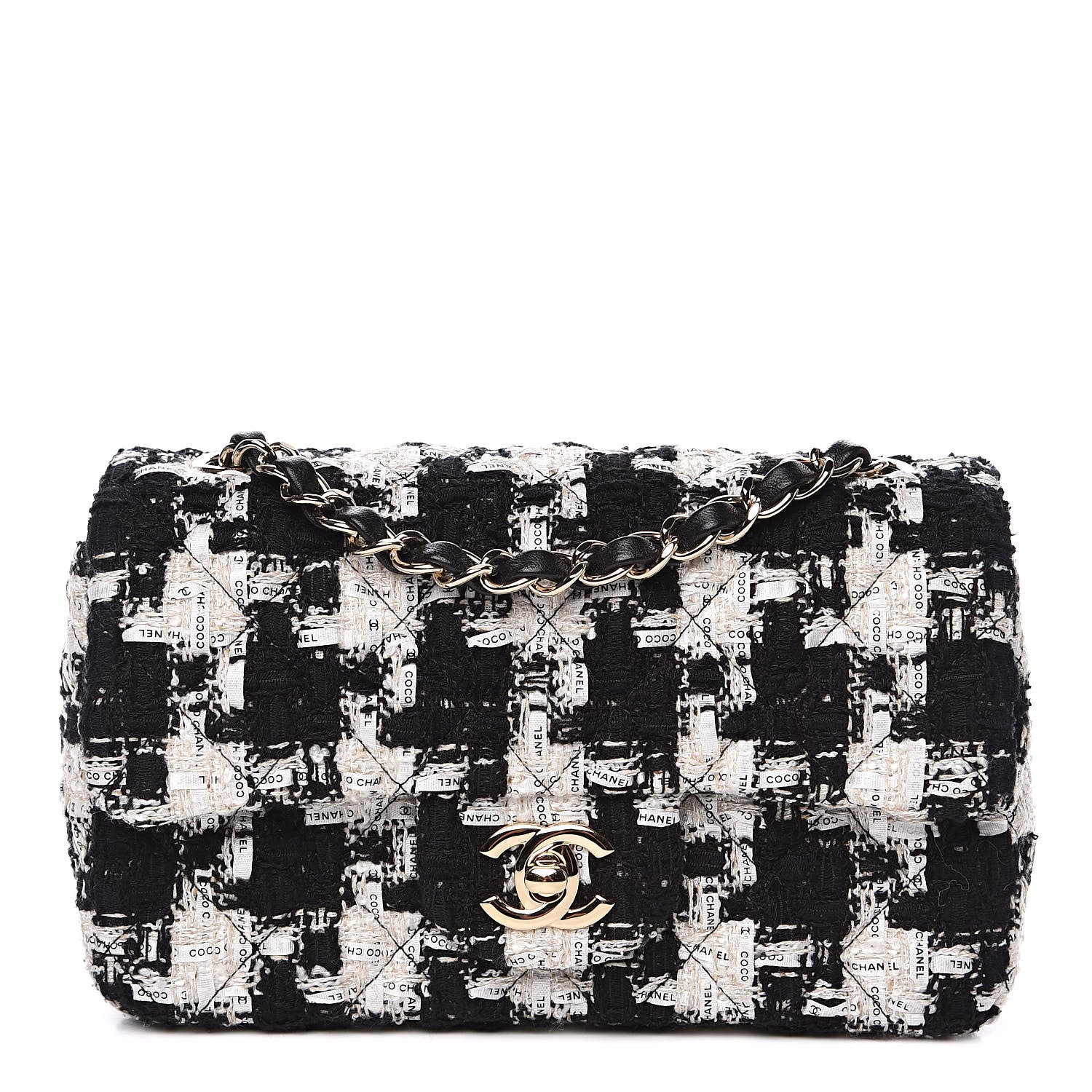 Chanel Tweed Quilted Mini Rectangular Flap Black Ecru White 1 of 12