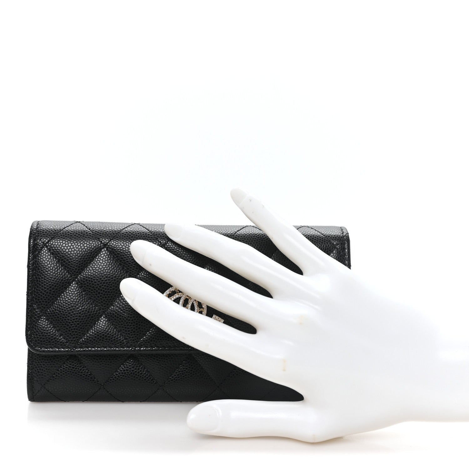 Chanel Caviar Quilted Crystal CC Large Gusset Flap Wallet Black 2 of 8