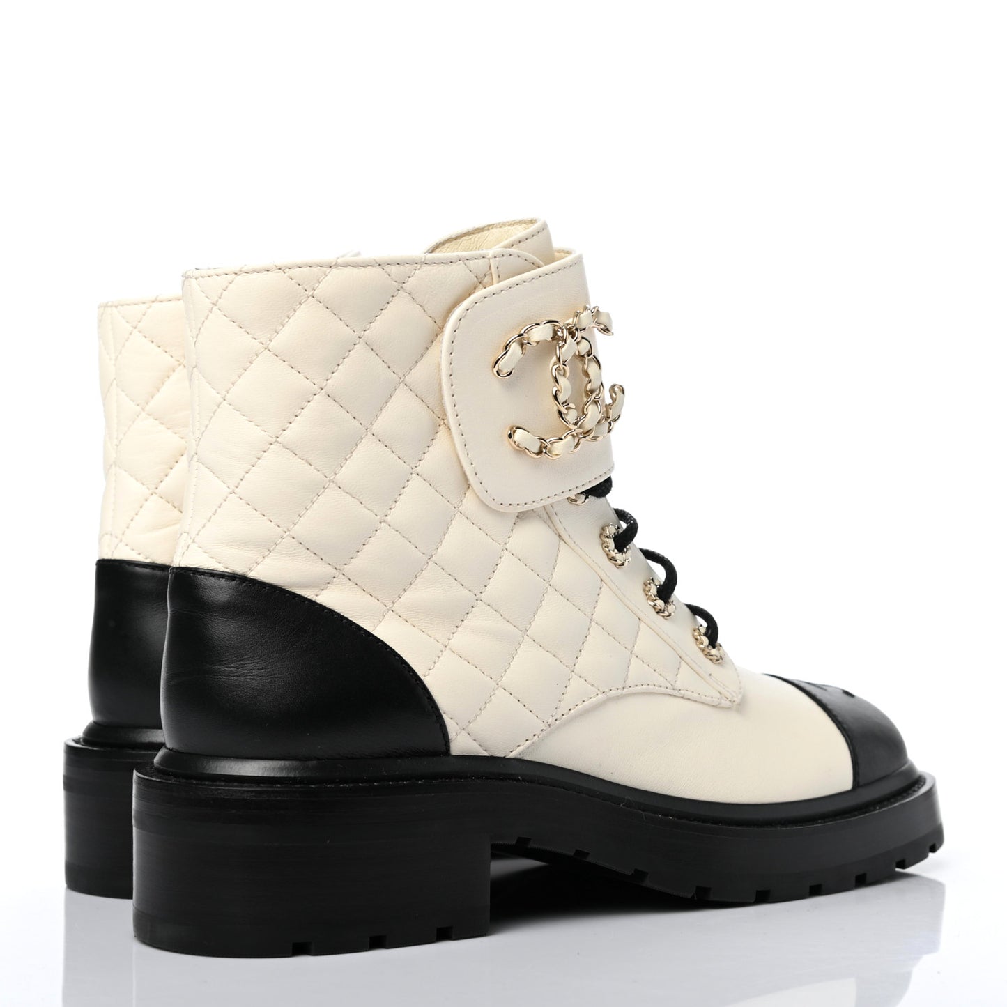 Shiny Goatskin Calfskin Quilted Lace Up Combat Boots 39 White Black