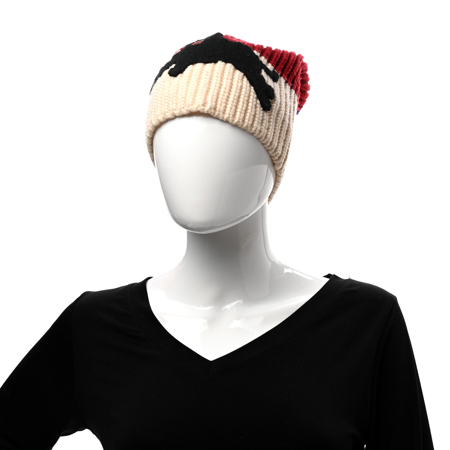 Wool Knit Beanie Hat M Navy Red
